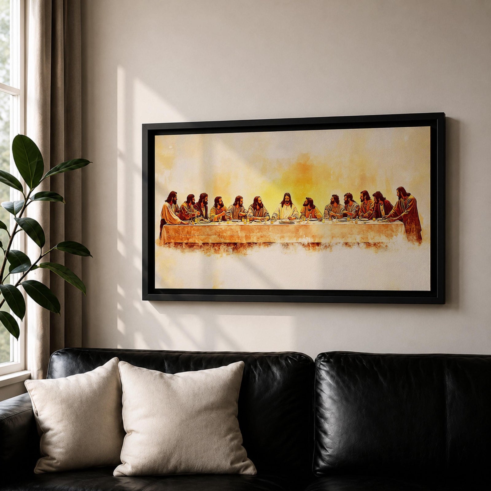 Panoramic painting of Jesus seated at the center of a long table surrounded by his apostles during the Last Supper inside a softly lit room. Thick expressive brushstrokes form flowing robes detailed faces bread and cups on the table creating a wide biblical scene with warm glowing tones and layered texture.