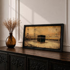 Panoramic sepia toned illustration of the Kaaba centered within the Masjid Al Haram courtyard in Mecca surrounded by worshippers. Tall minarets and arched colonnades frame the sacred cube while the expansive marble plaza and distant cityscape extend across the wide horizontal composition.