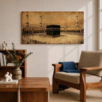 Panoramic sepia toned illustration of the Kaaba centered within the Masjid Al Haram courtyard in Mecca surrounded by worshippers. Tall minarets and arched colonnades frame the sacred cube while the expansive marble plaza and distant cityscape extend across the wide horizontal composition.