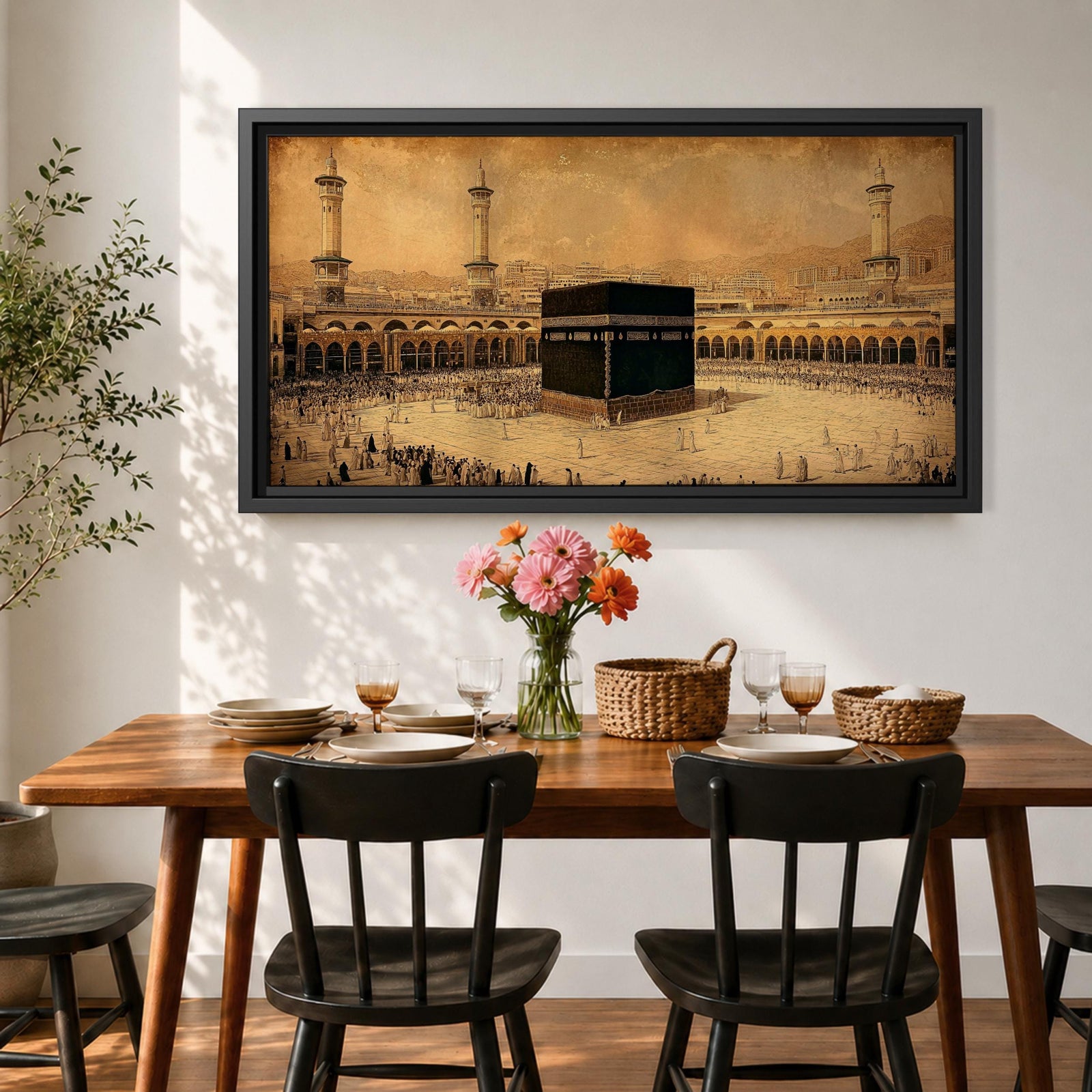 Panoramic sepia toned illustration of the Kaaba centered within the Masjid Al Haram courtyard in Mecca surrounded by worshippers. Tall minarets and arched colonnades frame the sacred cube while the expansive marble plaza and distant cityscape extend across the wide horizontal composition.
