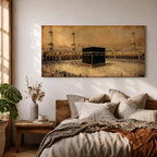 Panoramic sepia toned illustration of the Kaaba centered within the Masjid Al Haram courtyard in Mecca surrounded by worshippers. Tall minarets and arched colonnades frame the sacred cube while the expansive marble plaza and distant cityscape extend across the wide horizontal composition.