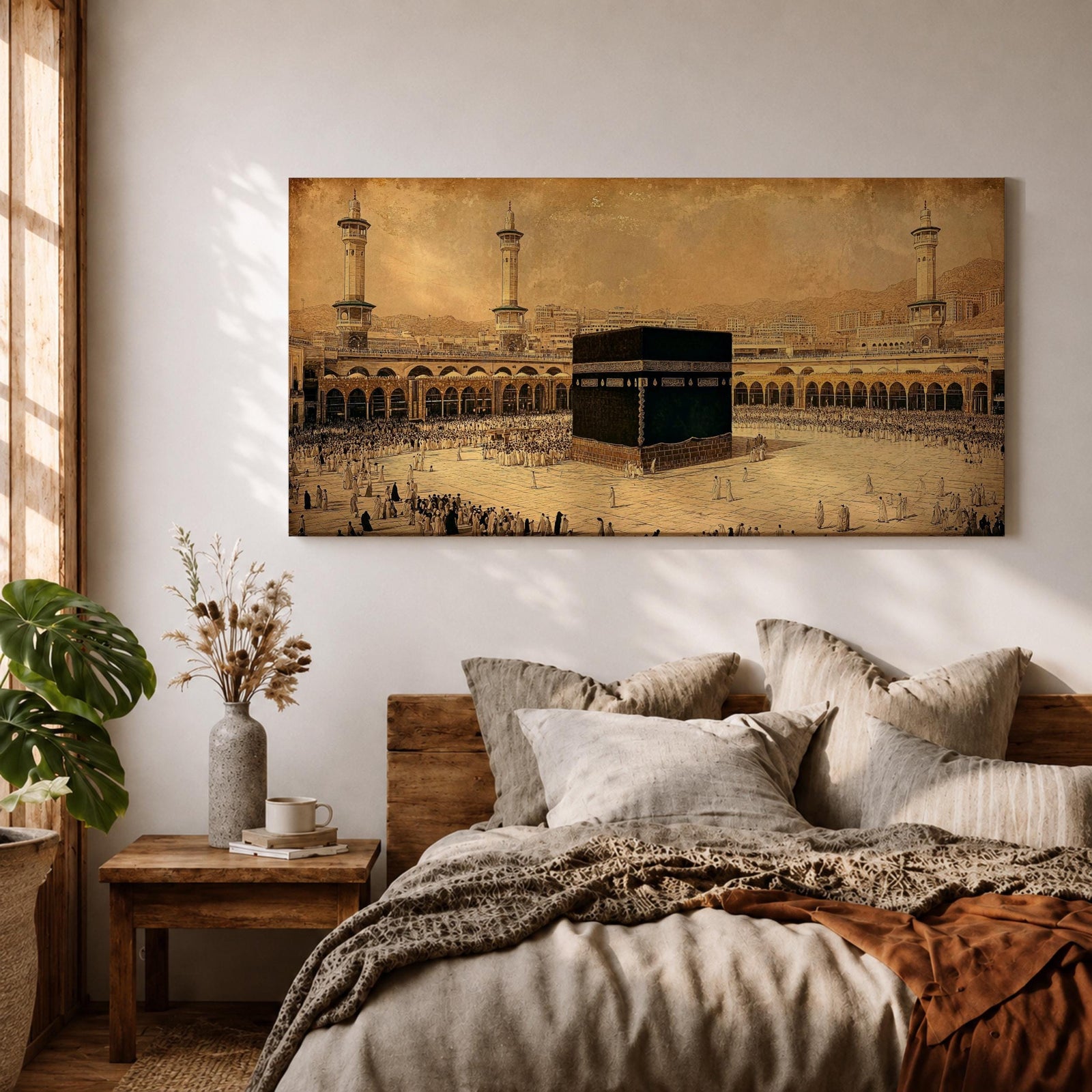 Panoramic sepia toned illustration of the Kaaba centered within the Masjid Al Haram courtyard in Mecca surrounded by worshippers. Tall minarets and arched colonnades frame the sacred cube while the expansive marble plaza and distant cityscape extend across the wide horizontal composition.