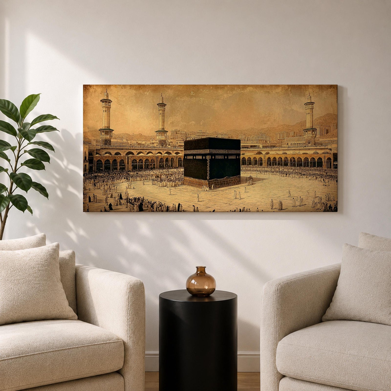 Panoramic sepia toned illustration of the Kaaba centered within the Masjid Al Haram courtyard in Mecca surrounded by worshippers. Tall minarets and arched colonnades frame the sacred cube while the expansive marble plaza and distant cityscape extend across the wide horizontal composition.