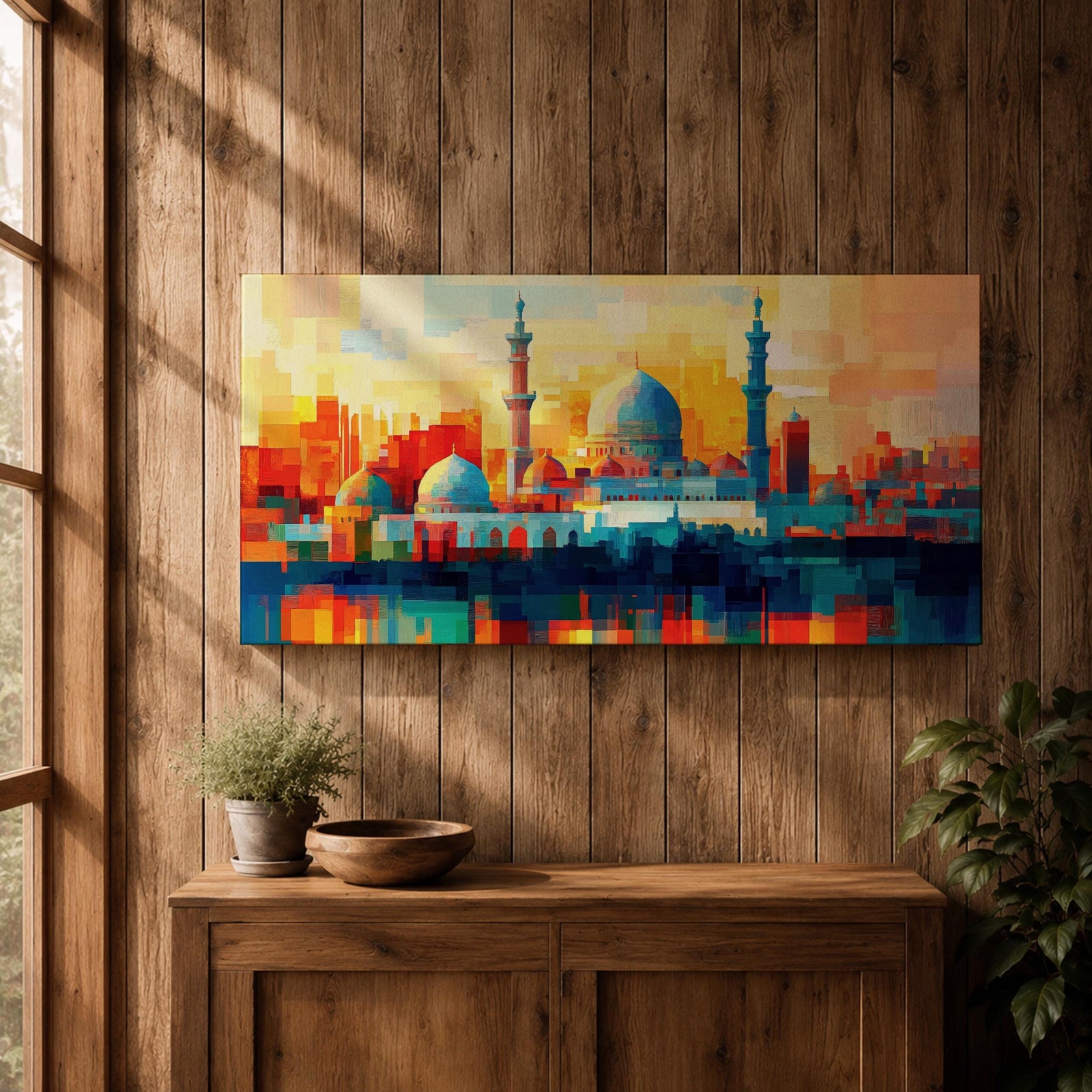 Panoramic abstract painting of Al Masjid an Nabawi in Medina featuring the mosque domes and tall minarets with the iconic green dome at the center. The architecture is rendered with geometric block brushstrokes in vibrant blues, reds, yellows and oranges creating a modern cityscape style composition.