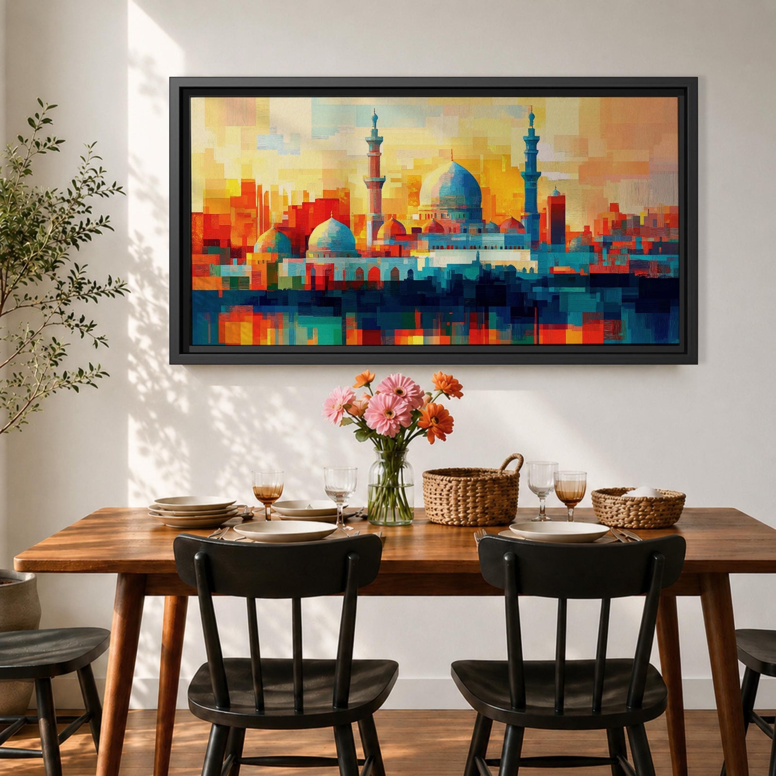 Panoramic abstract painting of Al Masjid an Nabawi in Medina featuring the mosque domes and tall minarets with the iconic green dome at the center. The architecture is rendered with geometric block brushstrokes in vibrant blues, reds, yellows and oranges creating a modern cityscape style composition.