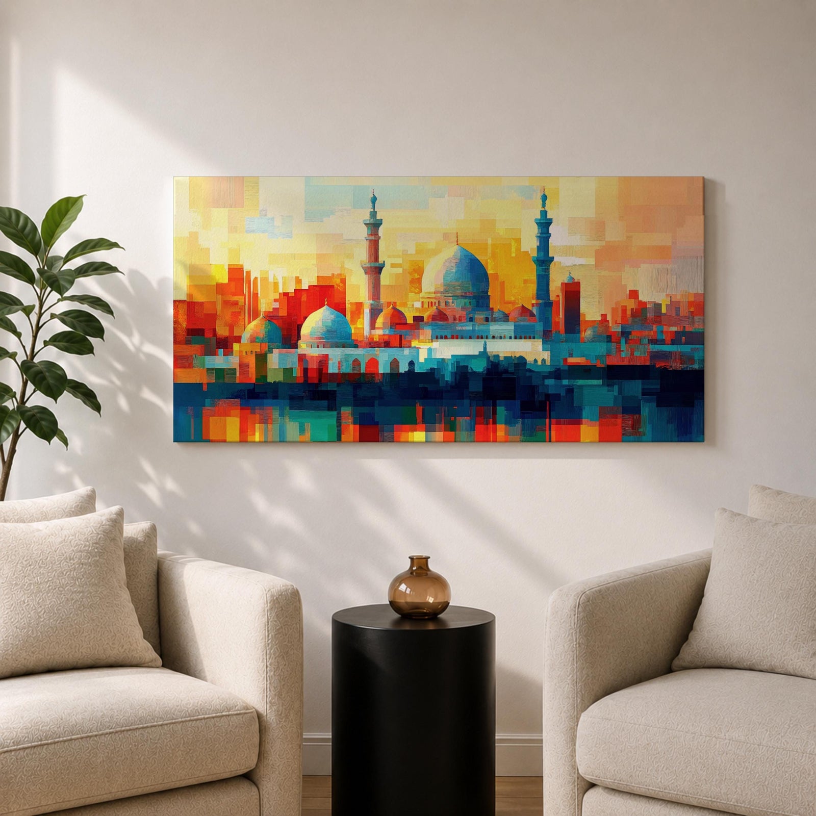 Panoramic abstract painting of Al Masjid an Nabawi in Medina featuring the mosque domes and tall minarets with the iconic green dome at the center. The architecture is rendered with geometric block brushstrokes in vibrant blues, reds, yellows and oranges creating a modern cityscape style composition.
