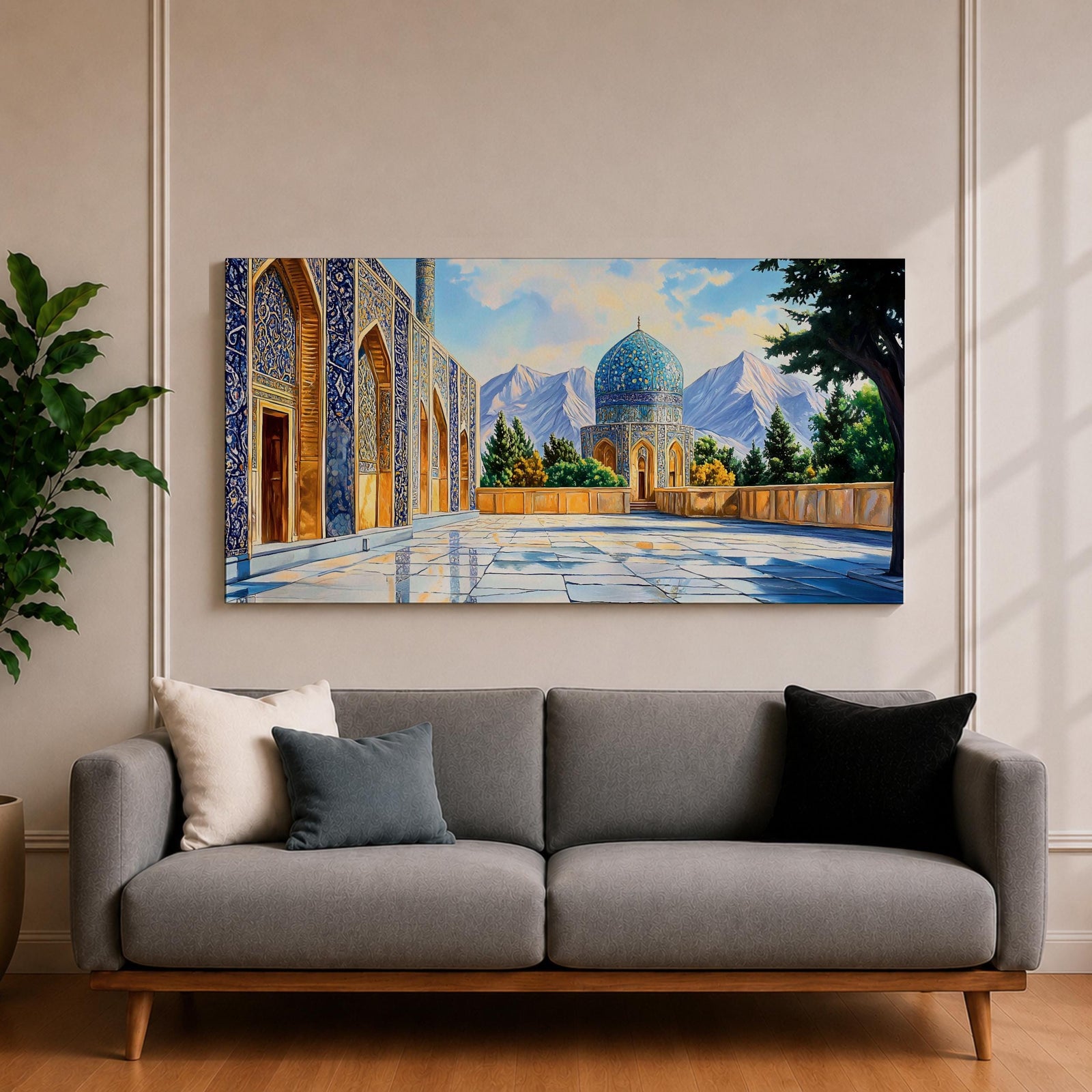 Panoramic painting of a Persian mosque courtyard featuring a blue tiled dome with intricate geometric mosaics and ornate archways along the façade. The polished stone courtyard reflects the architecture while trees and distant mountains frame the detailed Islamic architectural scene beneath a bright sky.