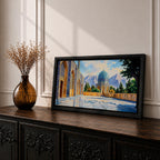 Panoramic painting of a Persian mosque courtyard featuring a blue tiled dome with intricate geometric mosaics and ornate archways along the façade. The polished stone courtyard reflects the architecture while trees and distant mountains frame the detailed Islamic architectural scene beneath a bright sky.