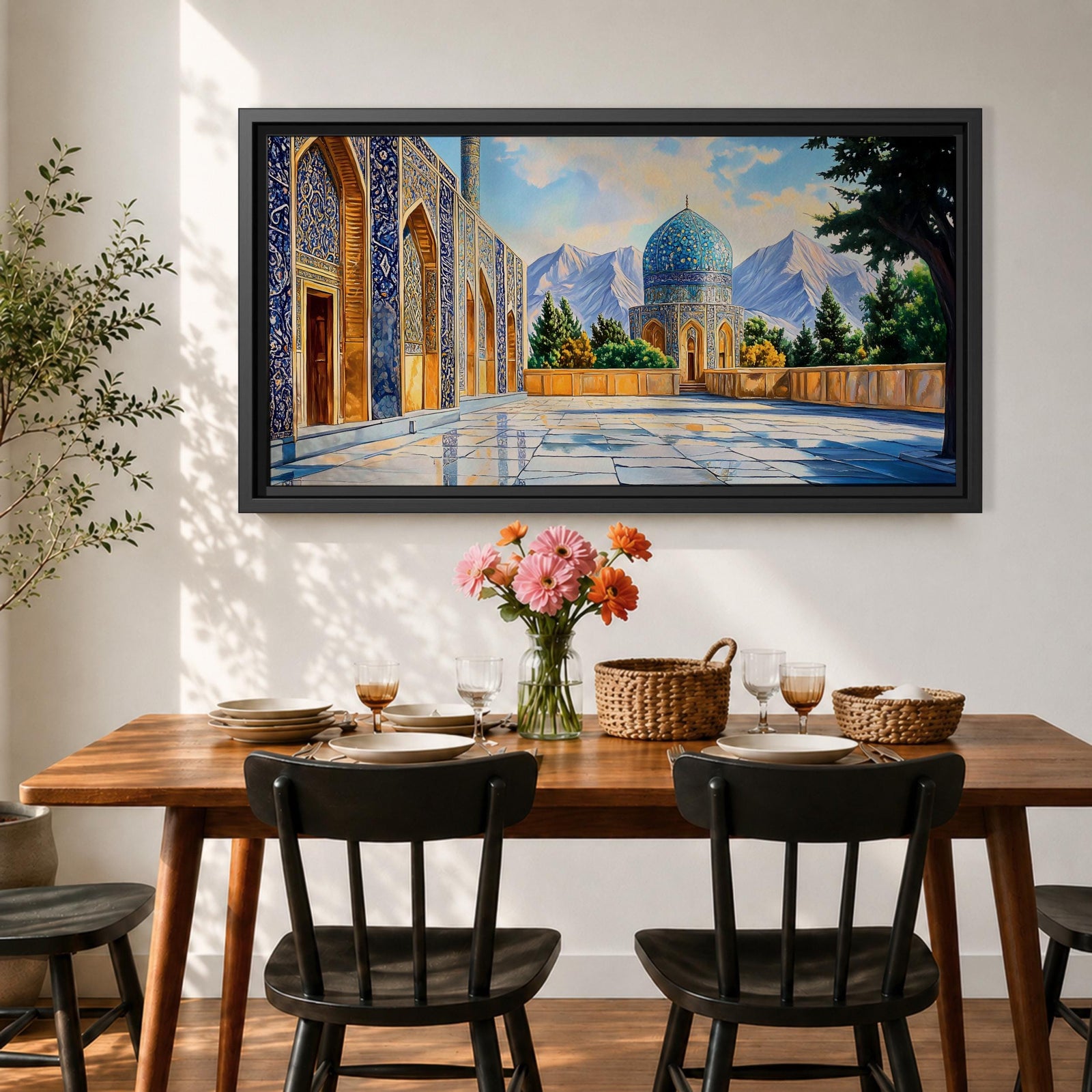 Panoramic painting of a Persian mosque courtyard featuring a blue tiled dome with intricate geometric mosaics and ornate archways along the façade. The polished stone courtyard reflects the architecture while trees and distant mountains frame the detailed Islamic architectural scene beneath a bright sky.