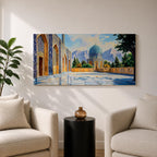 Panoramic painting of a Persian mosque courtyard featuring a blue tiled dome with intricate geometric mosaics and ornate archways along the façade. The polished stone courtyard reflects the architecture while trees and distant mountains frame the detailed Islamic architectural scene beneath a bright sky.