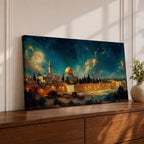 Panoramic night painting of Masjid Al Aqsa in Jerusalem featuring the golden Dome of the Rock rising above historic stone city walls. The skyline is illuminated with warm lights while a large glowing moon and dramatic clouds fill the deep blue night sky across the wide horizontal composition.
