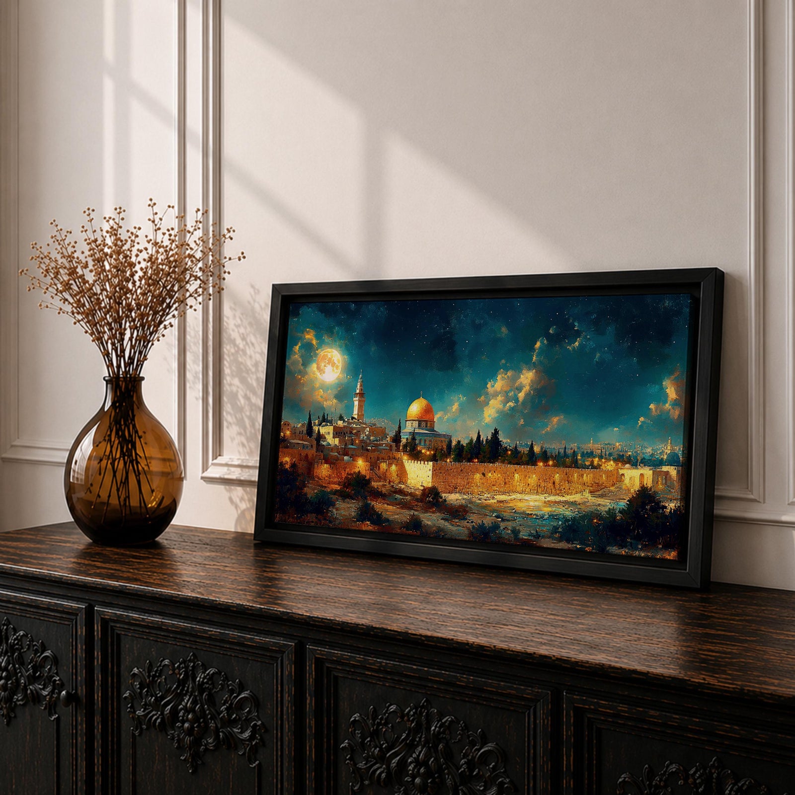 Panoramic night painting of Masjid Al Aqsa in Jerusalem featuring the golden Dome of the Rock rising above historic stone city walls. The skyline is illuminated with warm lights while a large glowing moon and dramatic clouds fill the deep blue night sky across the wide horizontal composition.
