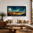 Panoramic night painting of Masjid Al Aqsa in Jerusalem featuring the golden Dome of the Rock rising above historic stone city walls. The skyline is illuminated with warm lights while a large glowing moon and dramatic clouds fill the deep blue night sky across the wide horizontal composition.