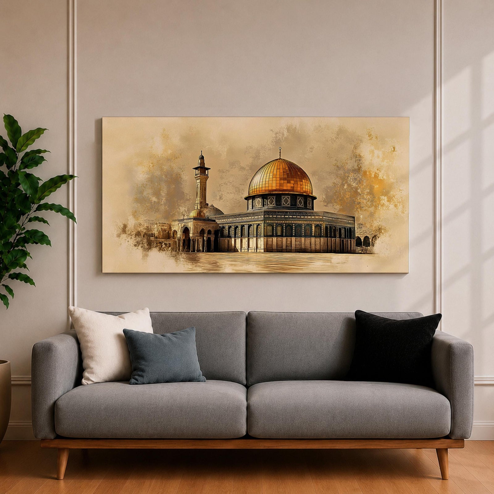 A panoramic artwork of the Dome of the Rock featuring its iconic gold dome and detailed architectural facade, rendered in a textured antique style with soft earthy tones and subtle atmospheric blending, capturing the structure’s symmetry and presence across a wide composition with refined depth and balance.