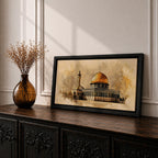 A panoramic artwork of the Dome of the Rock featuring its iconic gold dome and detailed architectural facade, rendered in a textured antique style with soft earthy tones and subtle atmospheric blending, capturing the structure’s symmetry and presence across a wide composition with refined depth and balance.