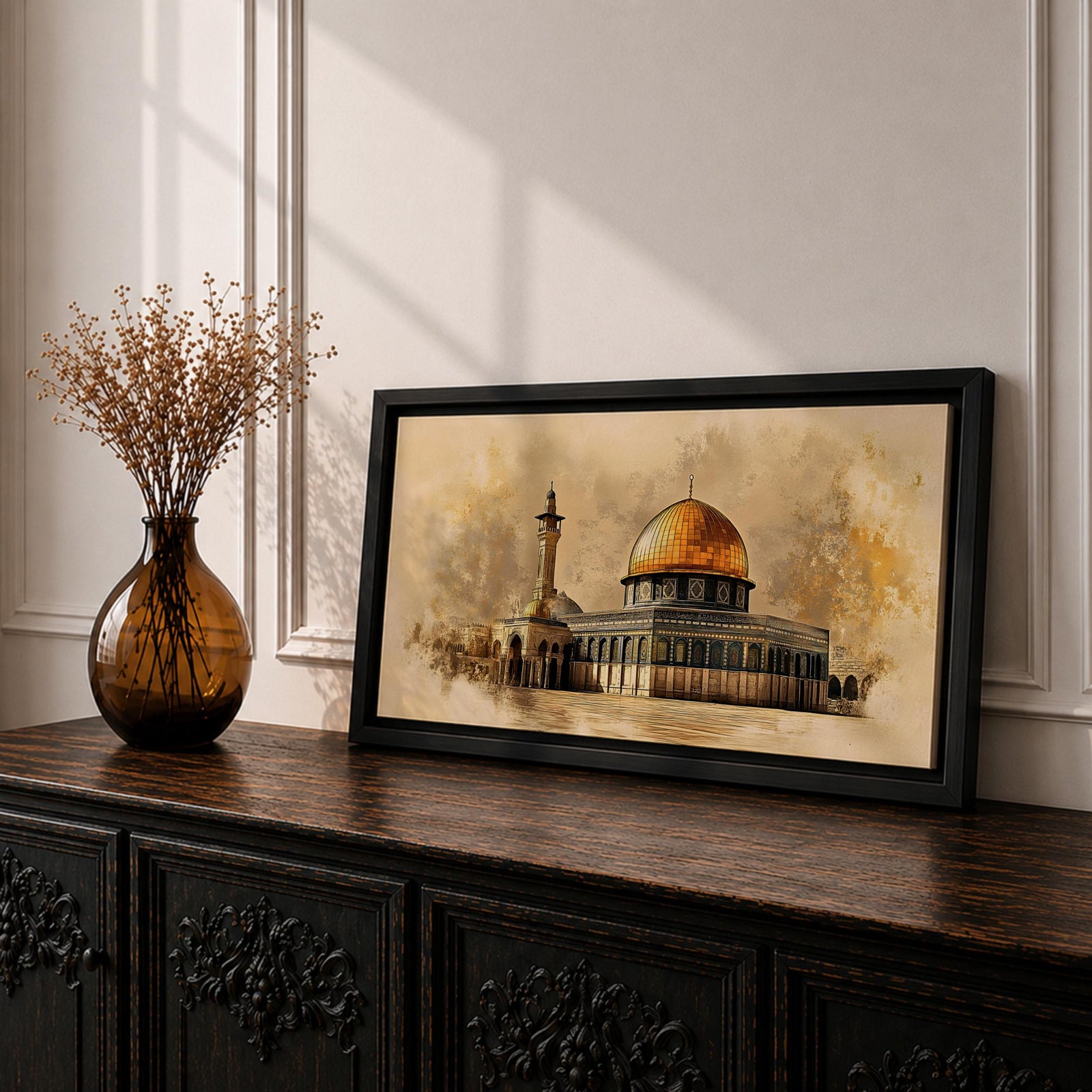 A panoramic artwork of the Dome of the Rock featuring its iconic gold dome and detailed architectural facade, rendered in a textured antique style with soft earthy tones and subtle atmospheric blending, capturing the structure’s symmetry and presence across a wide composition with refined depth and balance.