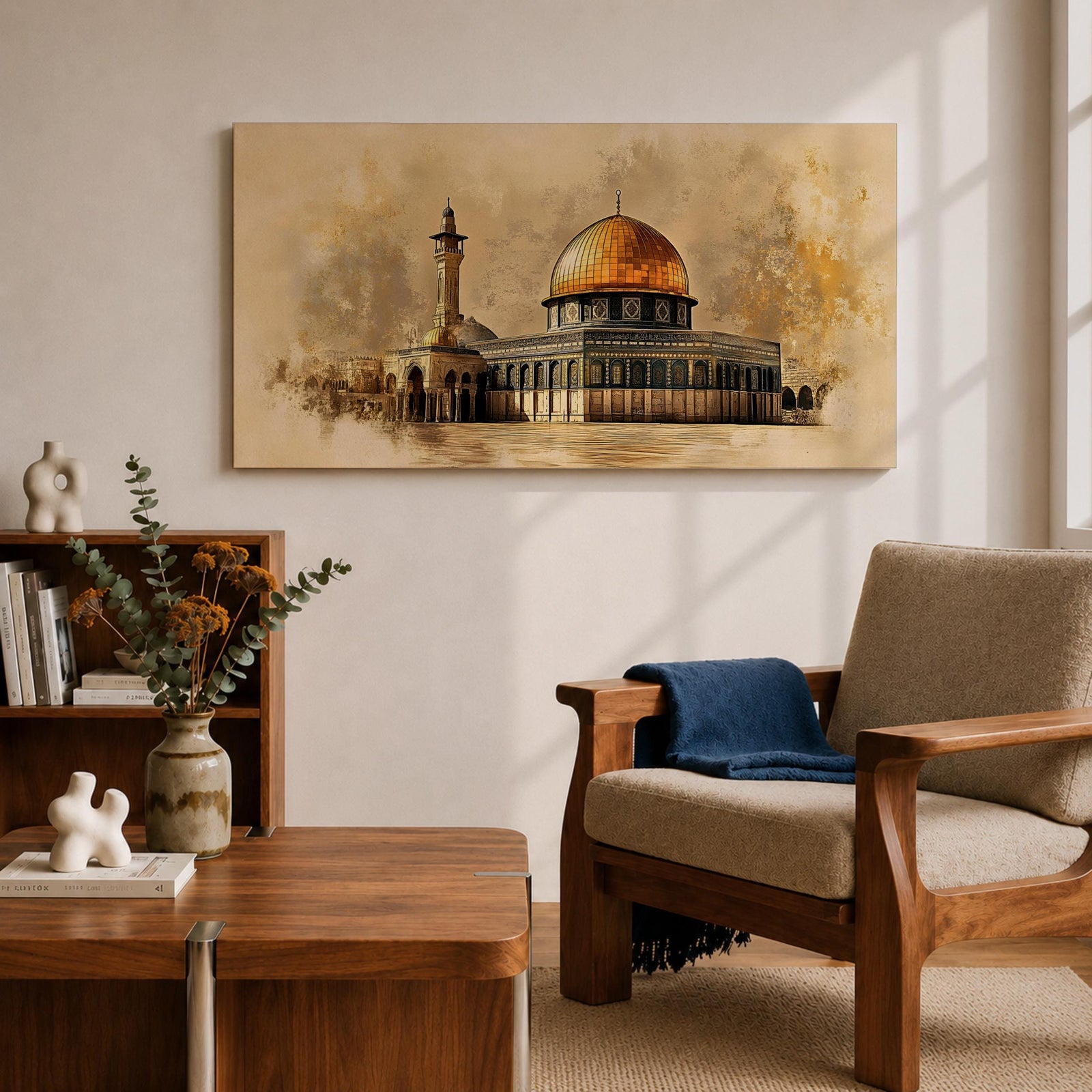 A panoramic artwork of the Dome of the Rock featuring its iconic gold dome and detailed architectural facade, rendered in a textured antique style with soft earthy tones and subtle atmospheric blending, capturing the structure’s symmetry and presence across a wide composition with refined depth and balance.