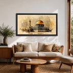A panoramic artwork of the Dome of the Rock featuring its iconic gold dome and detailed architectural facade, rendered in a textured antique style with soft earthy tones and subtle atmospheric blending, capturing the structure’s symmetry and presence across a wide composition with refined depth and balance.
