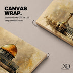 A panoramic artwork of the Dome of the Rock featuring its iconic gold dome and detailed architectural facade, rendered in a textured antique style with soft earthy tones and subtle atmospheric blending, capturing the structure’s symmetry and presence across a wide composition with refined depth and balance.