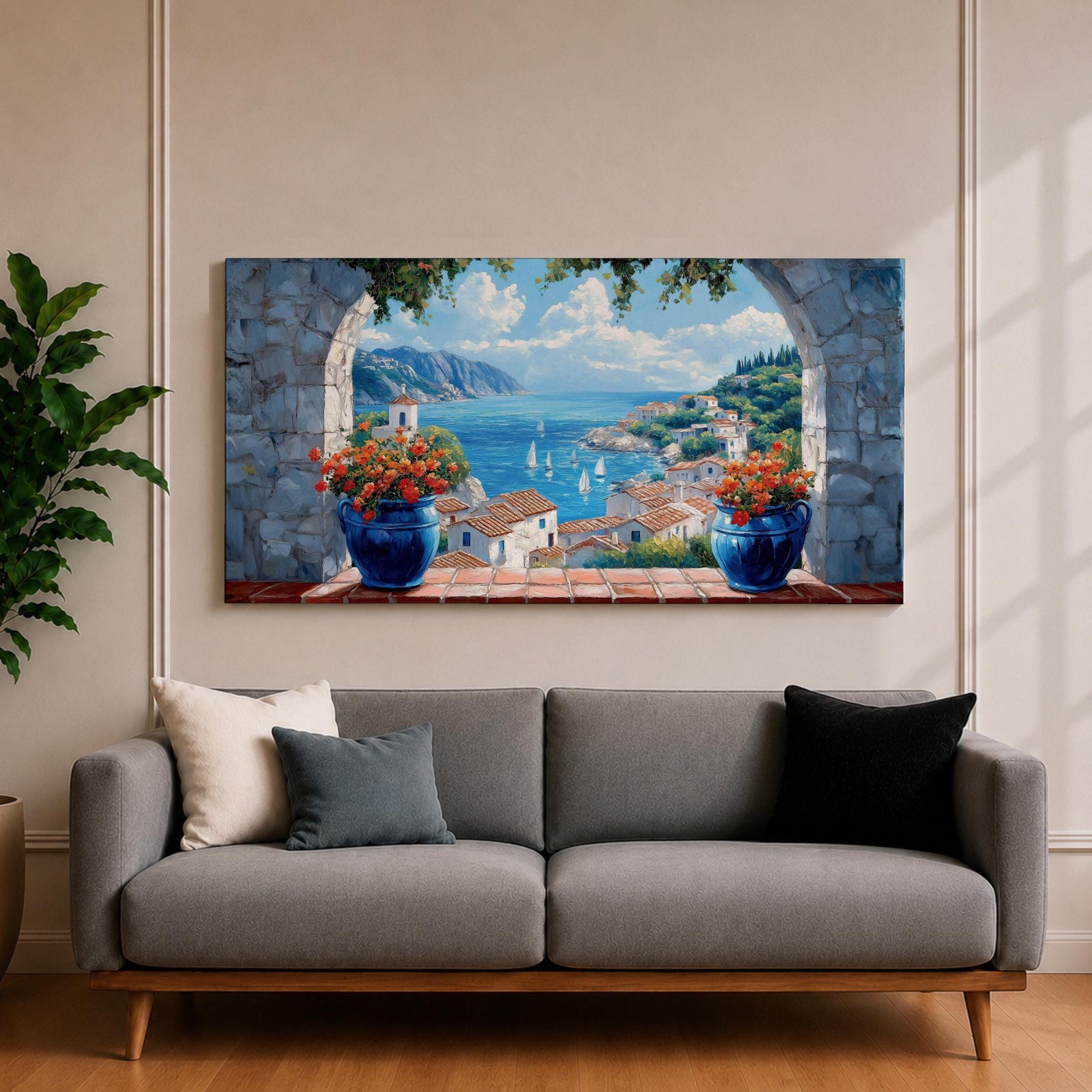 A panoramic painting of a Mediterranean seaside village viewed through a stone arch window, featuring blue ocean waters, sailboats, terracotta rooftops, and vibrant floral pots.