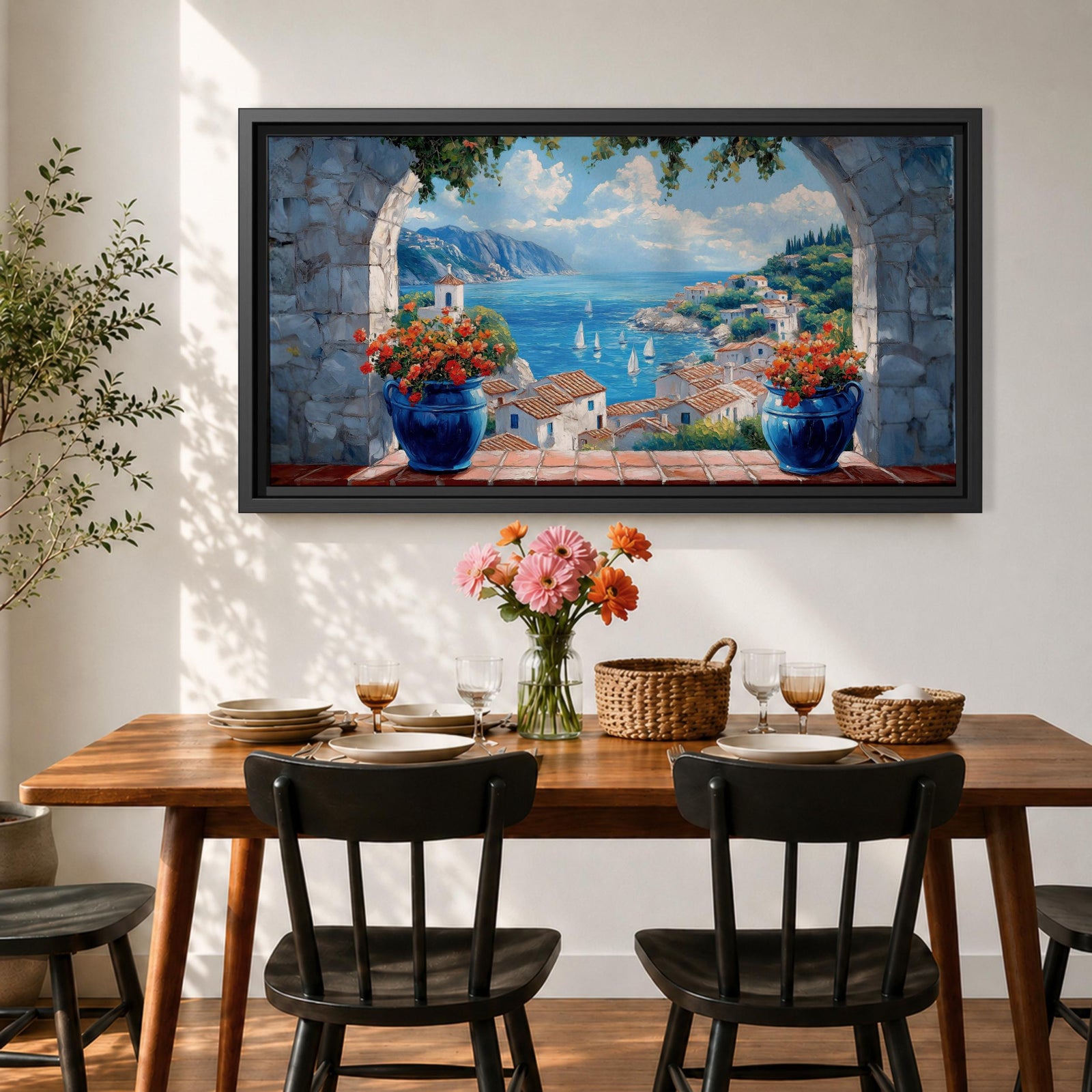 A panoramic painting of a Mediterranean seaside village viewed through a stone arch window, featuring blue ocean waters, sailboats, terracotta rooftops, and vibrant floral pots.