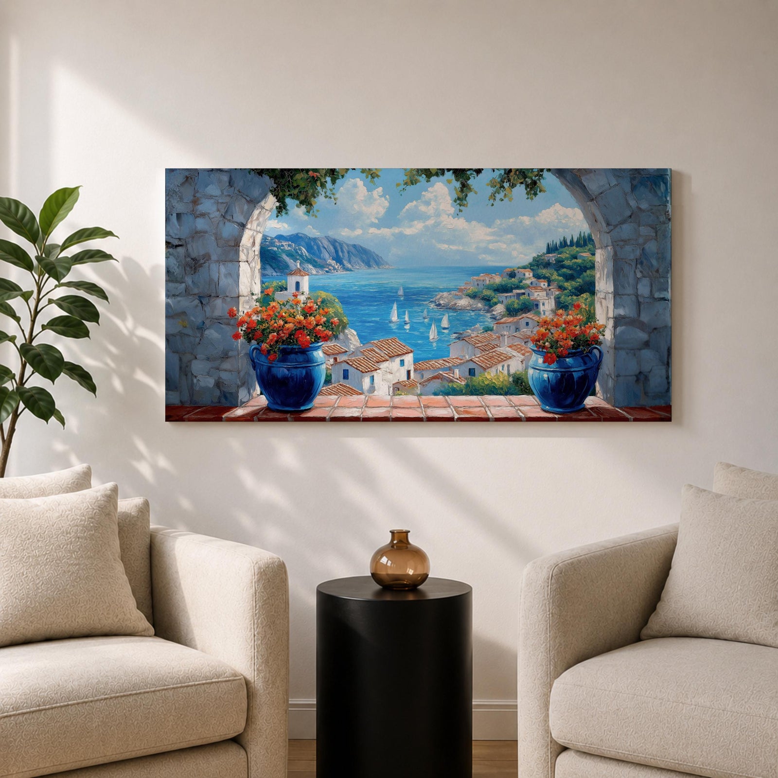 A panoramic painting of a Mediterranean seaside village viewed through a stone arch window, featuring blue ocean waters, sailboats, terracotta rooftops, and vibrant floral pots.