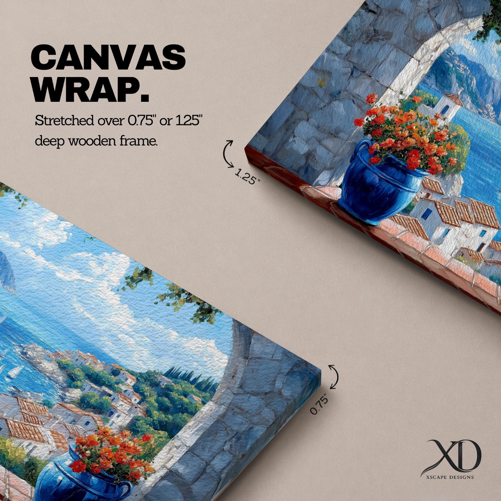 A panoramic painting of a Mediterranean seaside village viewed through a stone arch window, featuring blue ocean waters, sailboats, terracotta rooftops, and vibrant floral pots.