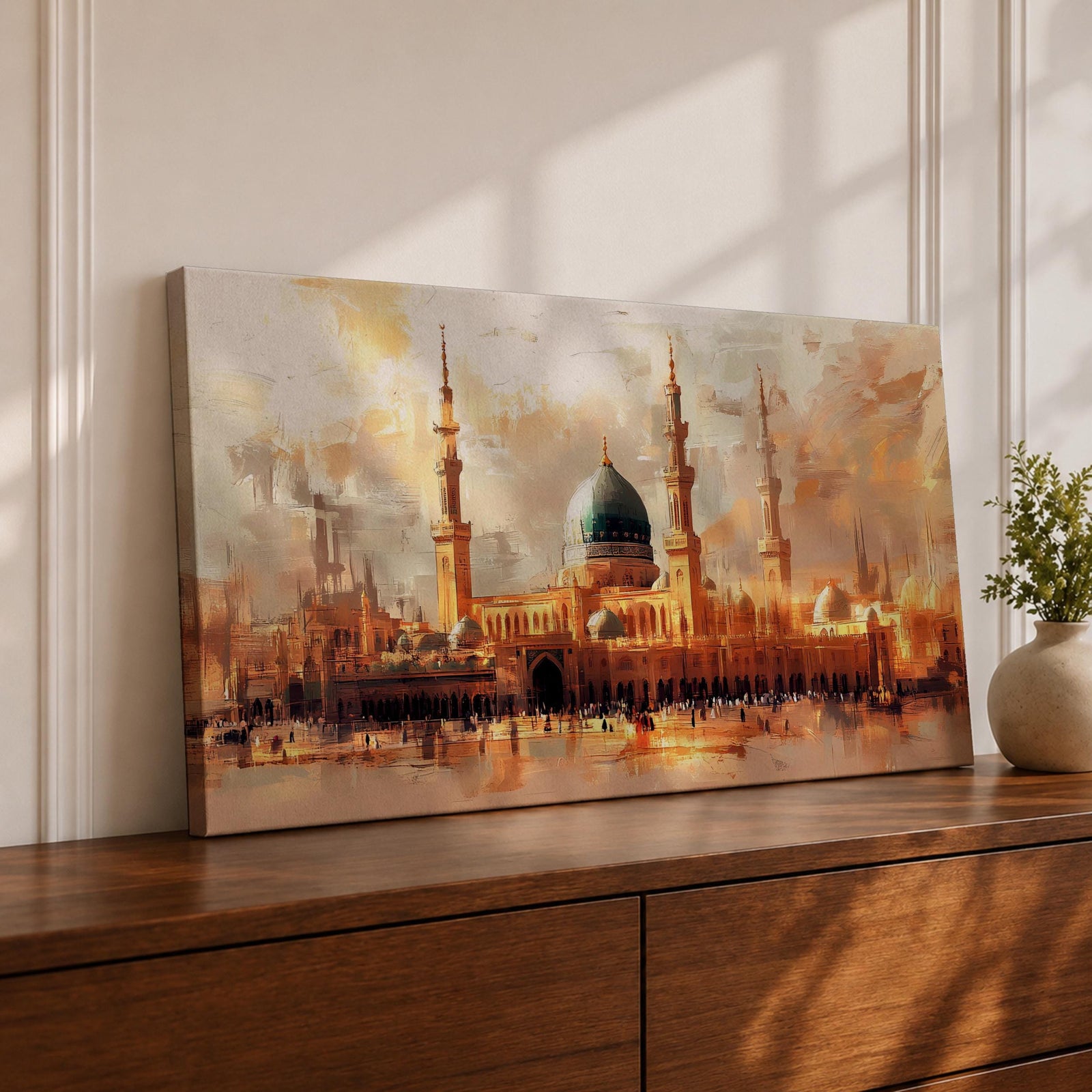 A panoramic painting of Masjid Al Nabawi in Medina featuring the iconic green dome and tall minarets, surrounded by a glowing courtyard, rendered in a warm impressionistic style with soft textures and golden light across a wide architectural composition.