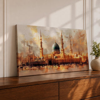 A panoramic painting of Masjid Al Nabawi in Medina featuring the iconic green dome and tall minarets, surrounded by a glowing courtyard, rendered in a warm impressionistic style with soft textures and golden light across a wide architectural composition.