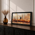 A panoramic painting of Masjid Al Nabawi in Medina featuring the iconic green dome and tall minarets, surrounded by a glowing courtyard, rendered in a warm impressionistic style with soft textures and golden light across a wide architectural composition.