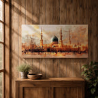 A panoramic painting of Masjid Al Nabawi in Medina featuring the iconic green dome and tall minarets, surrounded by a glowing courtyard, rendered in a warm impressionistic style with soft textures and golden light across a wide architectural composition.