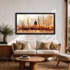 A panoramic painting of Masjid Al Nabawi in Medina featuring the iconic green dome and tall minarets, surrounded by a glowing courtyard, rendered in a warm impressionistic style with soft textures and golden light across a wide architectural composition.