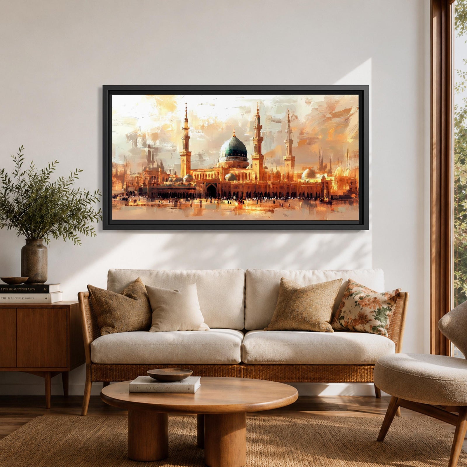 A panoramic painting of Masjid Al Nabawi in Medina featuring the iconic green dome and tall minarets, surrounded by a glowing courtyard, rendered in a warm impressionistic style with soft textures and golden light across a wide architectural composition.