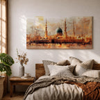 A panoramic painting of Masjid Al Nabawi in Medina featuring the iconic green dome and tall minarets, surrounded by a glowing courtyard, rendered in a warm impressionistic style with soft textures and golden light across a wide architectural composition.