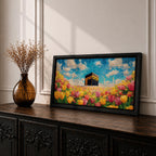 A panoramic painting of the Kaaba at Masjid Al Haram set within a vibrant field of blooming flowers, rendered in a bright impressionistic style with rich colors, textured brushstrokes, and a luminous sky, blending sacred architecture with a colorful floral landscape across an extra wide composition.