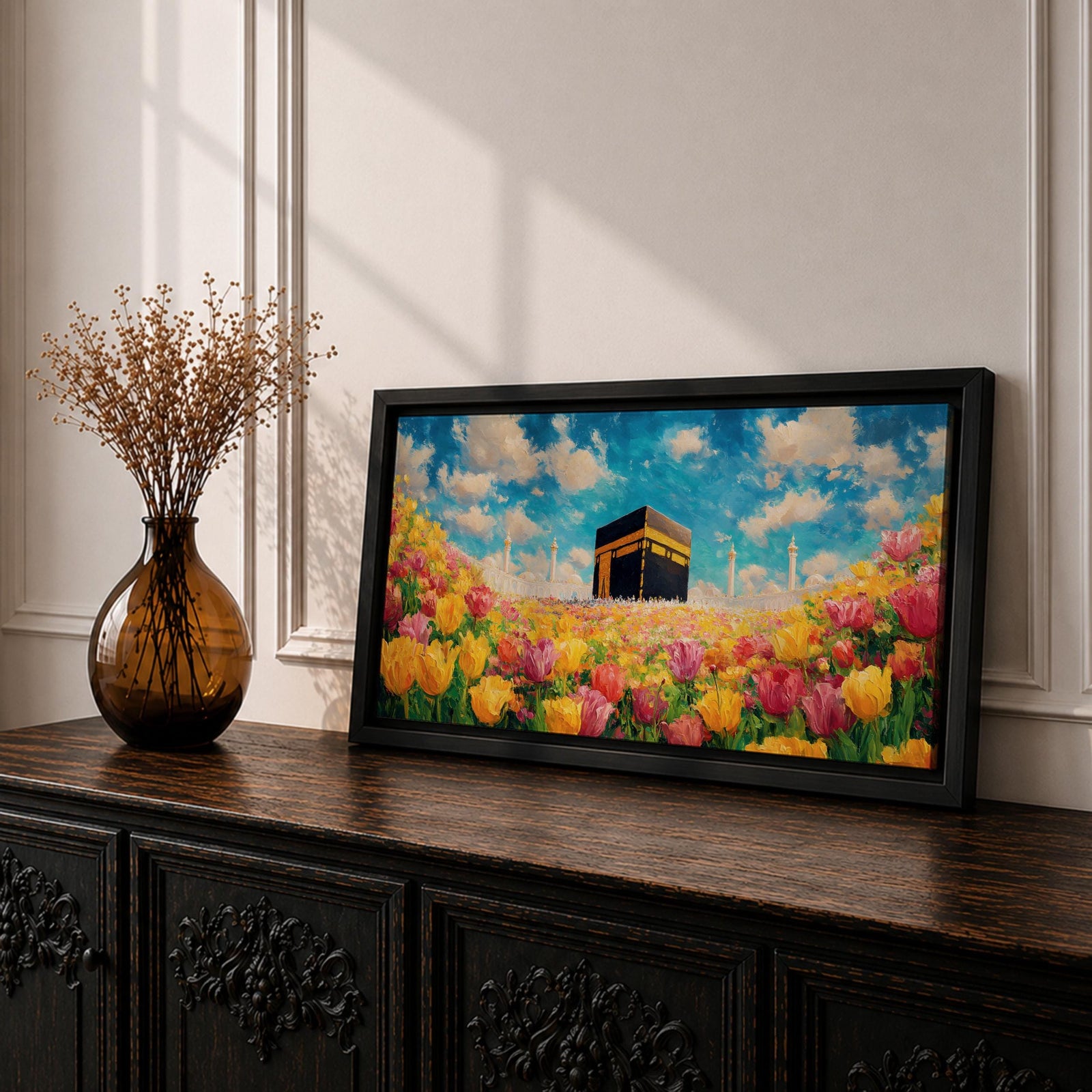 A panoramic painting of the Kaaba at Masjid Al Haram set within a vibrant field of blooming flowers, rendered in a bright impressionistic style with rich colors, textured brushstrokes, and a luminous sky, blending sacred architecture with a colorful floral landscape across an extra wide composition.