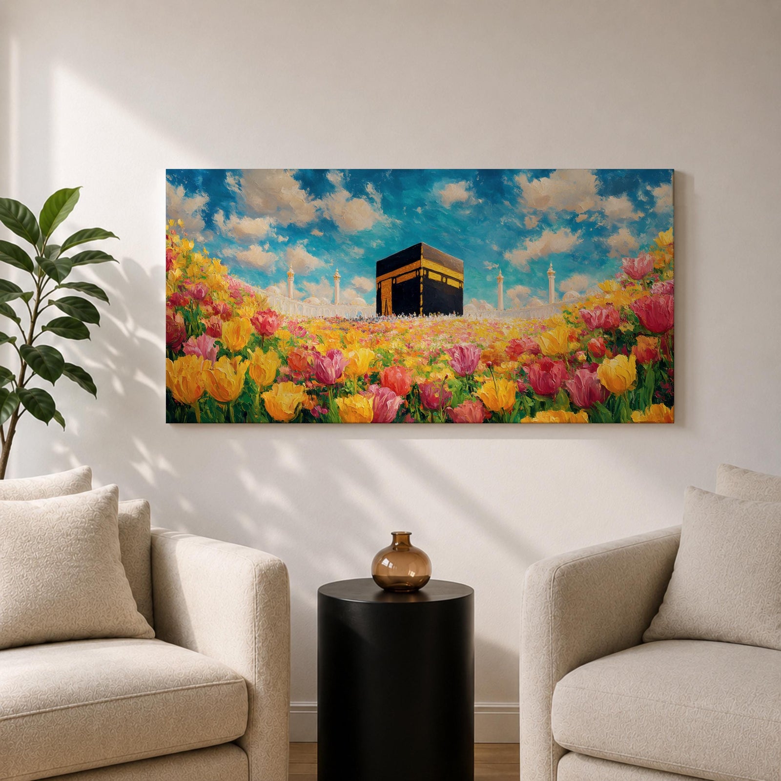 A panoramic painting of the Kaaba at Masjid Al Haram set within a vibrant field of blooming flowers, rendered in a bright impressionistic style with rich colors, textured brushstrokes, and a luminous sky, blending sacred architecture with a colorful floral landscape across an extra wide composition.
