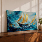 A panoramic abstract painting of a sailboat navigating powerful ocean waves, with sweeping blue tones and textured brushstrokes, featuring gold accented sails catching light as they rise against dynamic water movement, creating depth, motion, and contrast across an extra wide seascape composition.