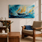 A panoramic abstract painting of a sailboat navigating powerful ocean waves, with sweeping blue tones and textured brushstrokes, featuring gold accented sails catching light as they rise against dynamic water movement, creating depth, motion, and contrast across an extra wide seascape composition.