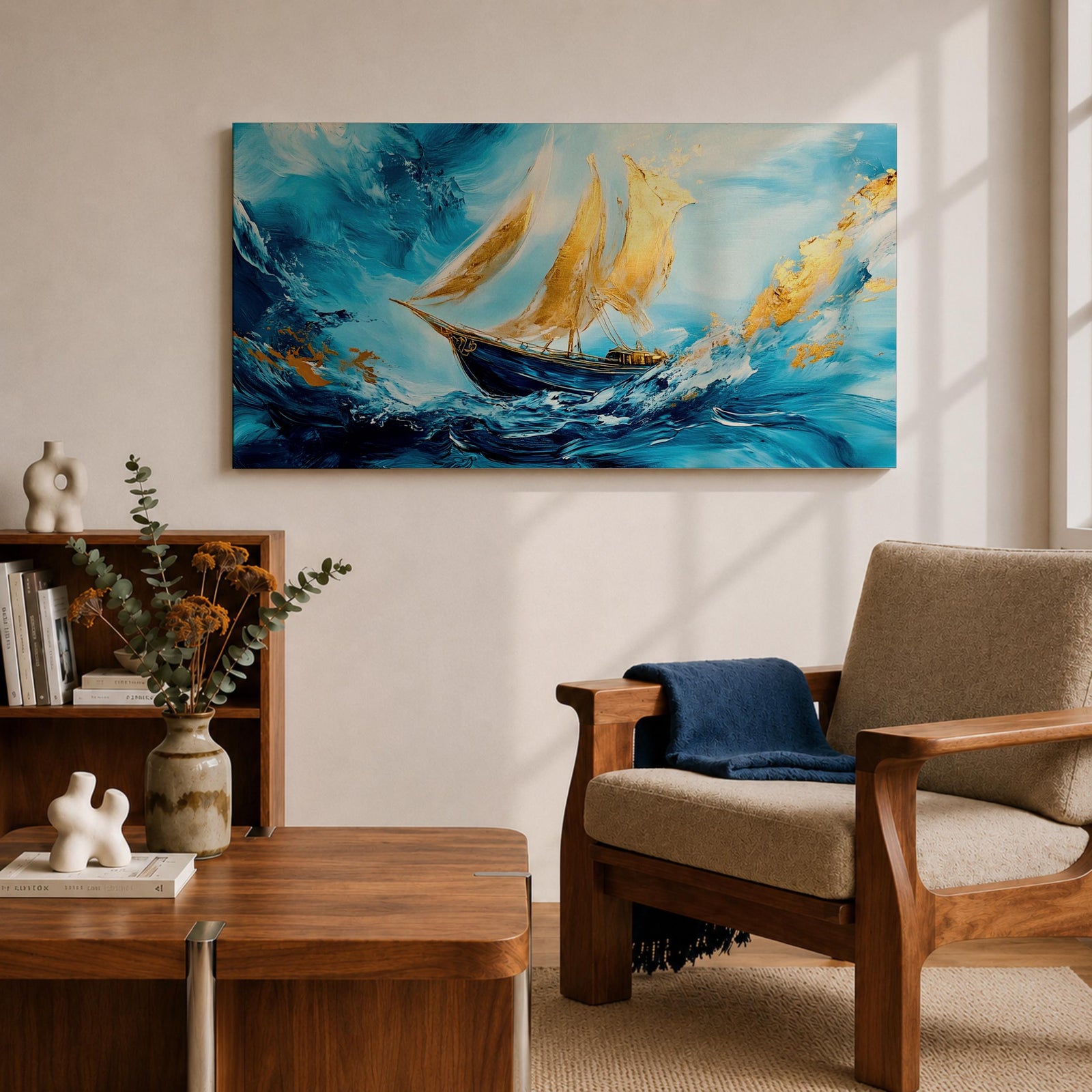 A panoramic abstract painting of a sailboat navigating powerful ocean waves, with sweeping blue tones and textured brushstrokes, featuring gold accented sails catching light as they rise against dynamic water movement, creating depth, motion, and contrast across an extra wide seascape composition.