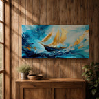 A panoramic abstract painting of a sailboat navigating powerful ocean waves, with sweeping blue tones and textured brushstrokes, featuring gold accented sails catching light as they rise against dynamic water movement, creating depth, motion, and contrast across an extra wide seascape composition.
