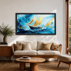 A panoramic abstract painting of a sailboat navigating powerful ocean waves, with sweeping blue tones and textured brushstrokes, featuring gold accented sails catching light as they rise against dynamic water movement, creating depth, motion, and contrast across an extra wide seascape composition.