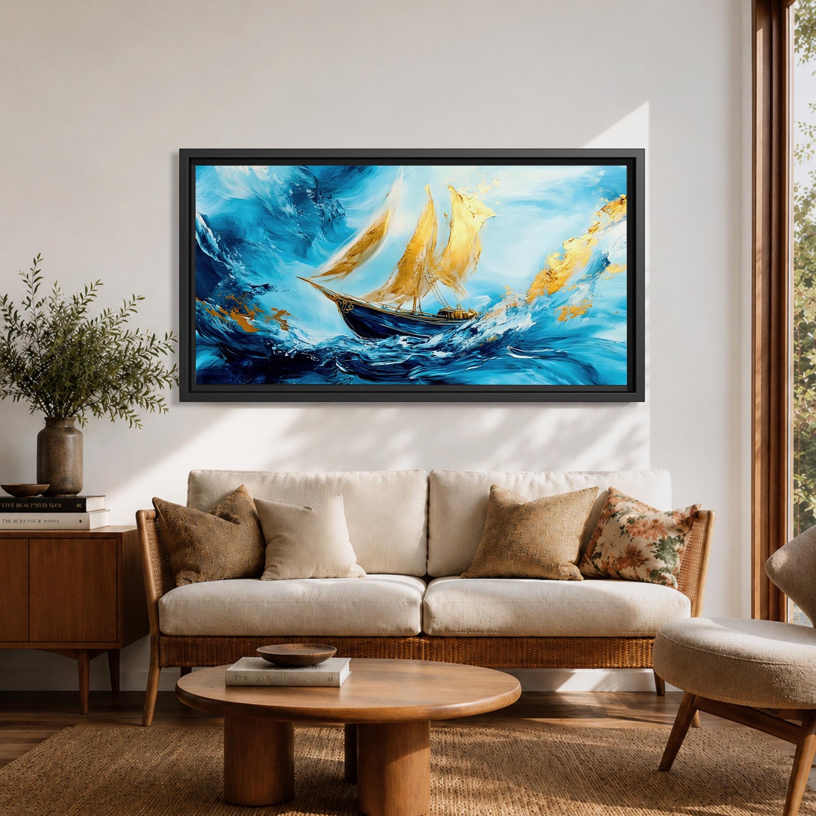 A panoramic abstract painting of a sailboat navigating powerful ocean waves, with sweeping blue tones and textured brushstrokes, featuring gold accented sails catching light as they rise against dynamic water movement, creating depth, motion, and contrast across an extra wide seascape composition.