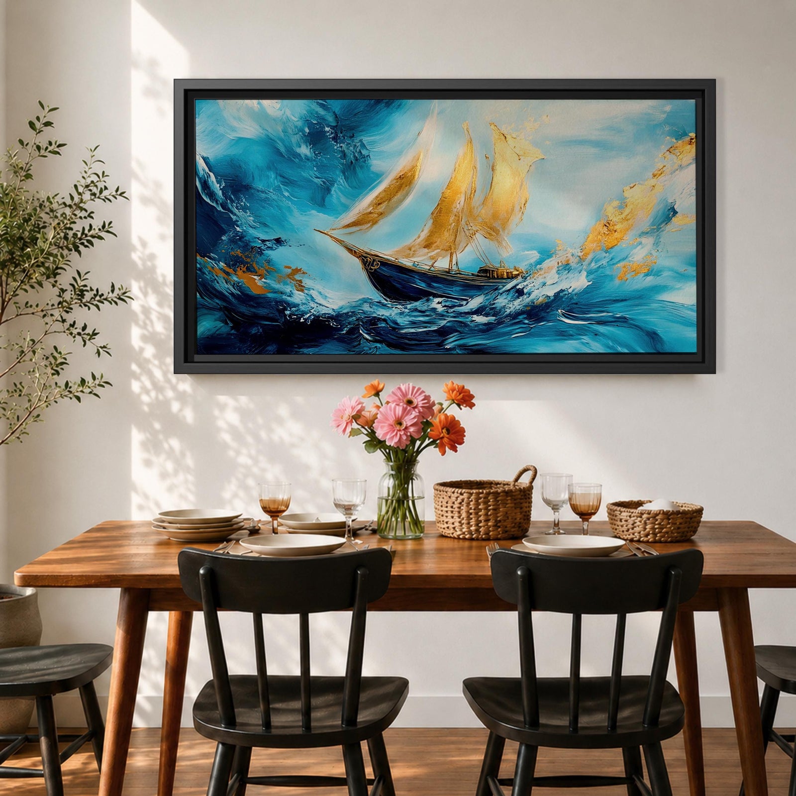 A panoramic abstract painting of a sailboat navigating powerful ocean waves, with sweeping blue tones and textured brushstrokes, featuring gold accented sails catching light as they rise against dynamic water movement, creating depth, motion, and contrast across an extra wide seascape composition.