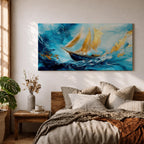 A panoramic abstract painting of a sailboat navigating powerful ocean waves, with sweeping blue tones and textured brushstrokes, featuring gold accented sails catching light as they rise against dynamic water movement, creating depth, motion, and contrast across an extra wide seascape composition.