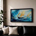 A panoramic abstract painting of a sailboat navigating powerful ocean waves, with sweeping blue tones and textured brushstrokes, featuring gold accented sails catching light as they rise against dynamic water movement, creating depth, motion, and contrast across an extra wide seascape composition.