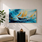 A panoramic abstract painting of a sailboat navigating powerful ocean waves, with sweeping blue tones and textured brushstrokes, featuring gold accented sails catching light as they rise against dynamic water movement, creating depth, motion, and contrast across an extra wide seascape composition.