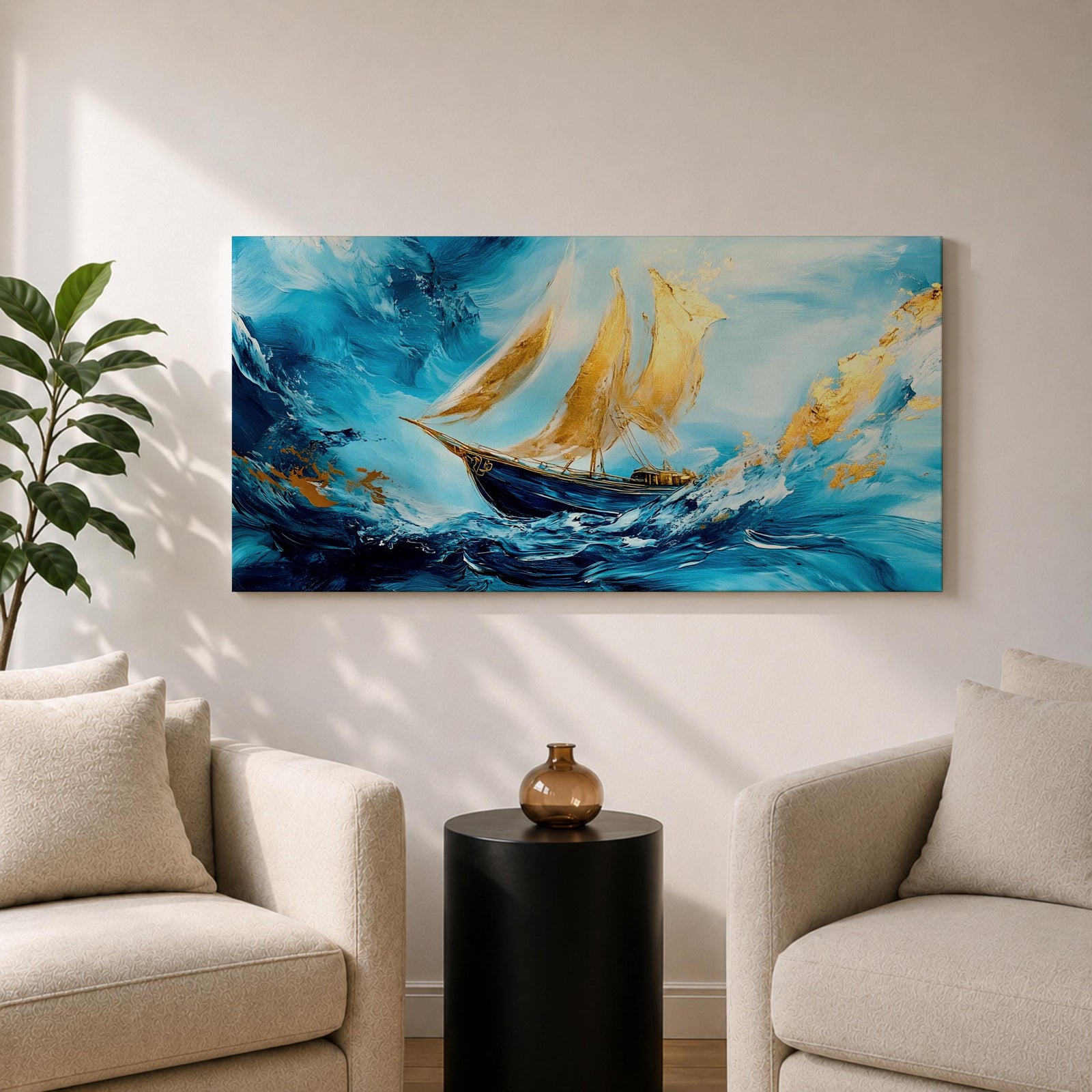 A panoramic abstract painting of a sailboat navigating powerful ocean waves, with sweeping blue tones and textured brushstrokes, featuring gold accented sails catching light as they rise against dynamic water movement, creating depth, motion, and contrast across an extra wide seascape composition.