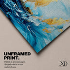A panoramic abstract painting of a sailboat navigating powerful ocean waves, with sweeping blue tones and textured brushstrokes, featuring gold accented sails catching light as they rise against dynamic water movement, creating depth, motion, and contrast across an extra wide seascape composition.