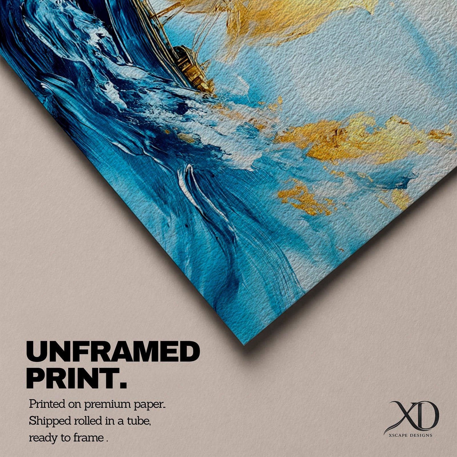 A panoramic abstract painting of a sailboat navigating powerful ocean waves, with sweeping blue tones and textured brushstrokes, featuring gold accented sails catching light as they rise against dynamic water movement, creating depth, motion, and contrast across an extra wide seascape composition.